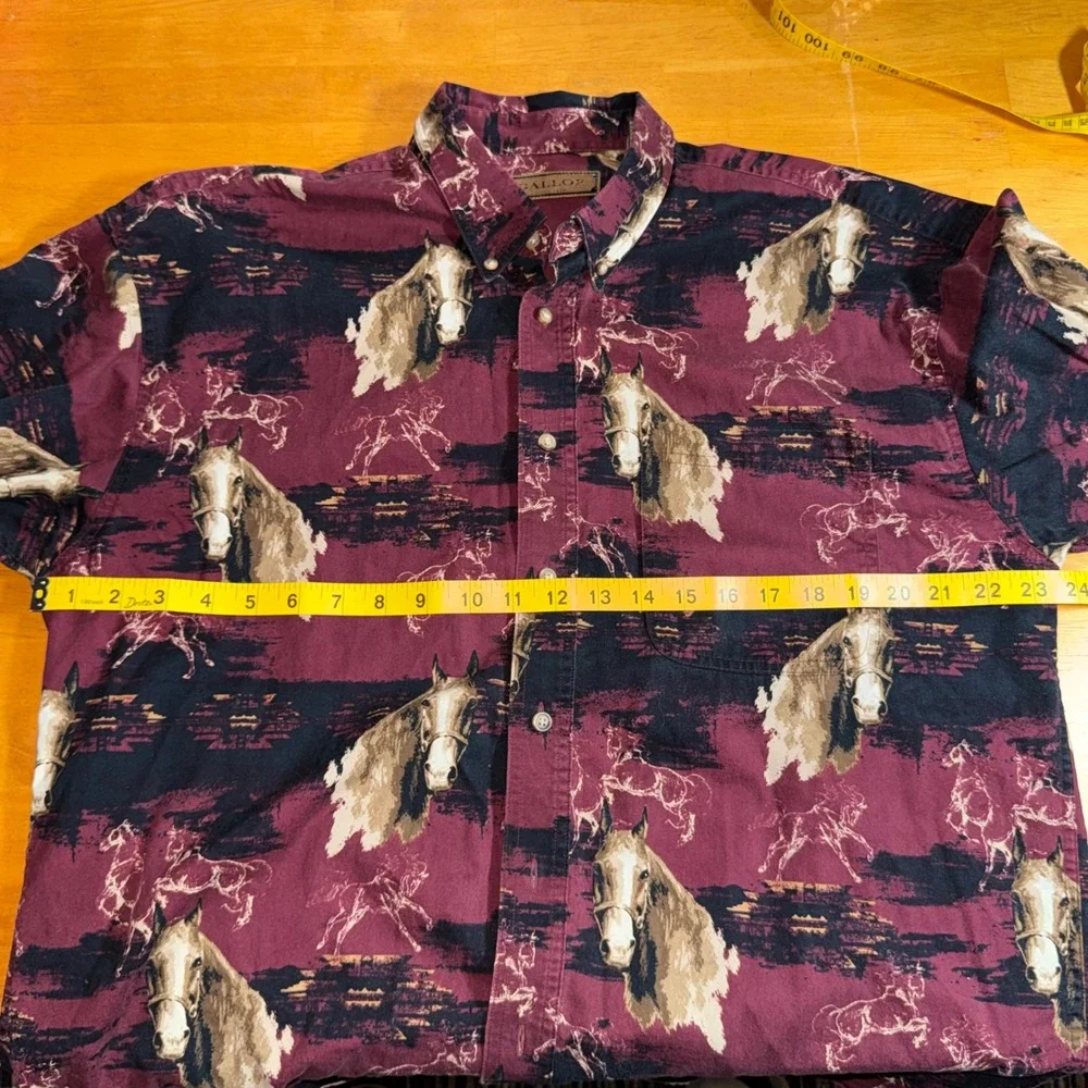 Vintage Mens Horse Print Button Down Shirt Burgundy Southwestern Western Large